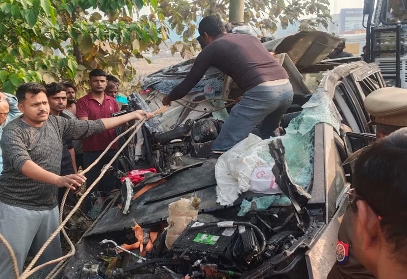 Car collides with container