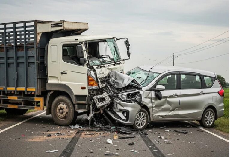 Six people died in a head-on collision between a truck and a car in Barabanki; bodies had to be removed using a cutter.