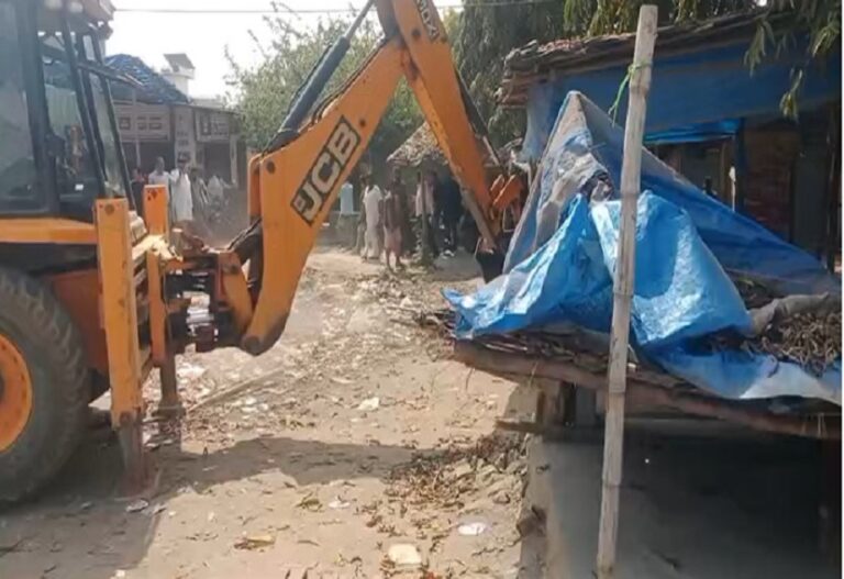 Bulldozers run on brokers' hideouts in Bareilly, razing 100 temporary shops outside the transport office.