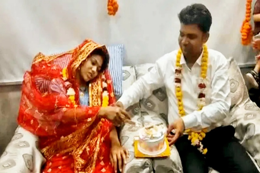 The groom married the burnt bride in the burn ward.