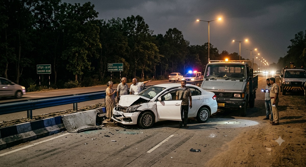 A car carrying tourists from Haryana back from Dehradun met with an accident after the driver dozed off; four people died, and three were injured.