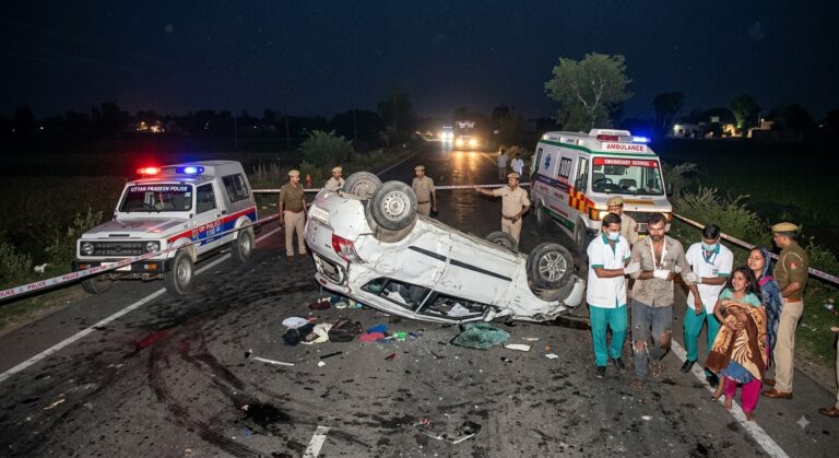 Tragic road accident in Hathras: Out-of-control car overturns; three dead, four battling for their lives.