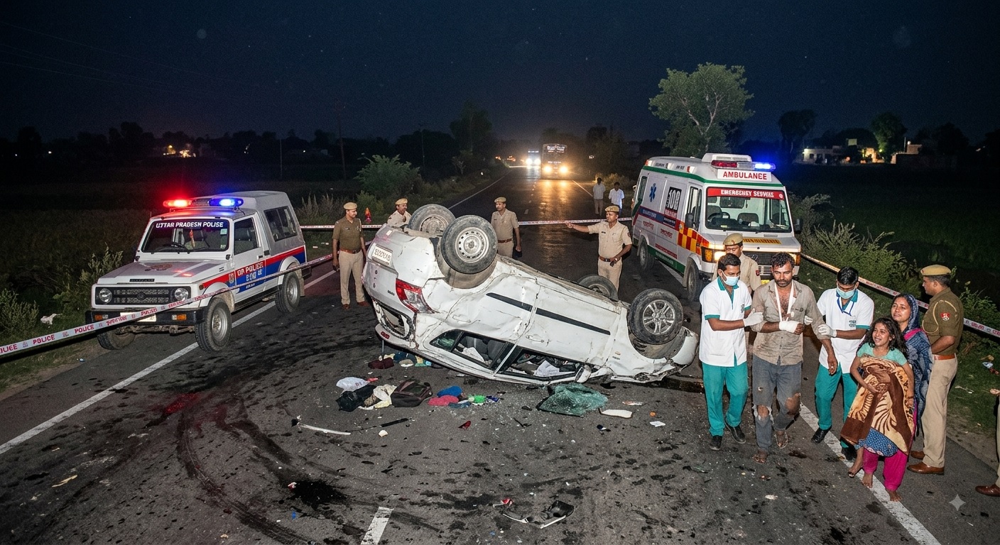 Tragic road accident in Hathras: Out-of-control car overturns; three dead, four battling for their lives.