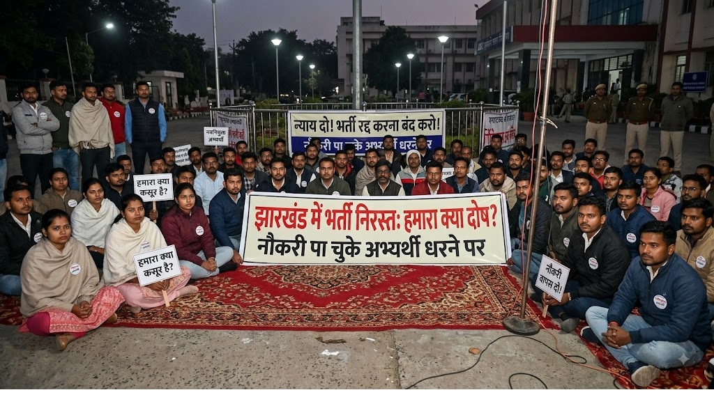 Uproar in Jharkhand after recruitment cancellation; candidates who had already secured jobs are now staging a sit-in protest, asking, "What is our fault?"