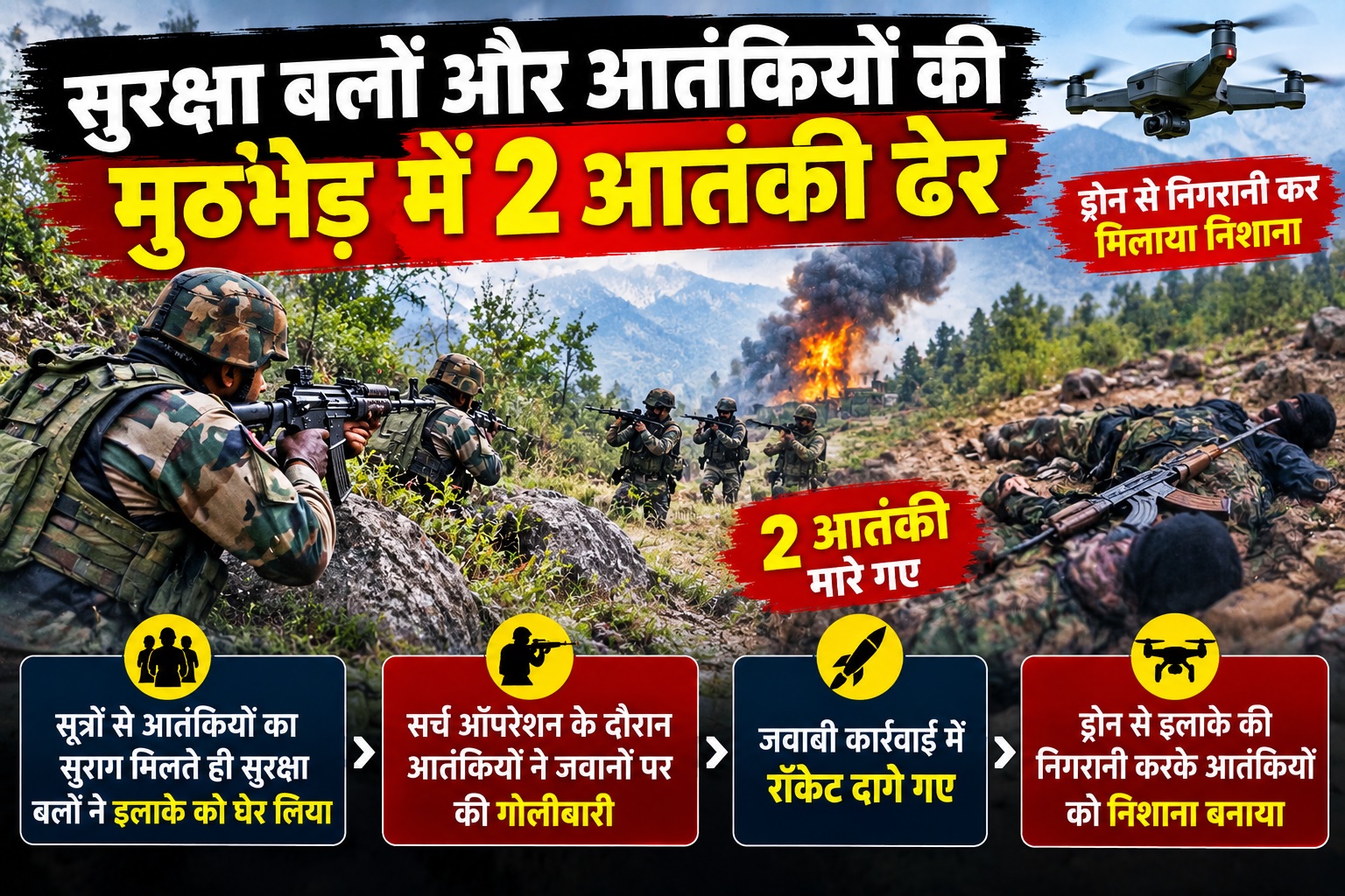Security forces shot dead two terrorists in an encounter in Jammu and Kashmir; agencies are conducting a search operation to locate the bodies.