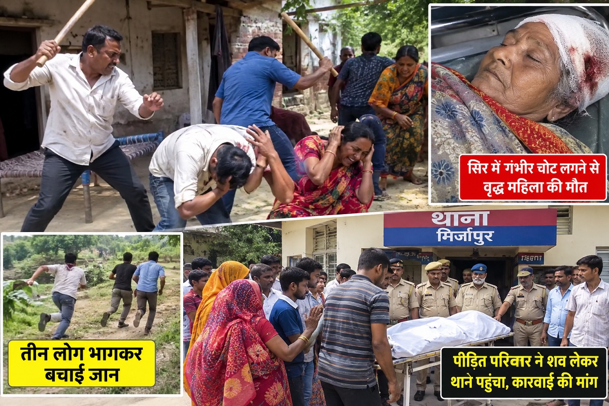 In Mirzapur, a strongman beat an entire family one by one with a lathi; a woman died from severe injuries, and three others were injured.