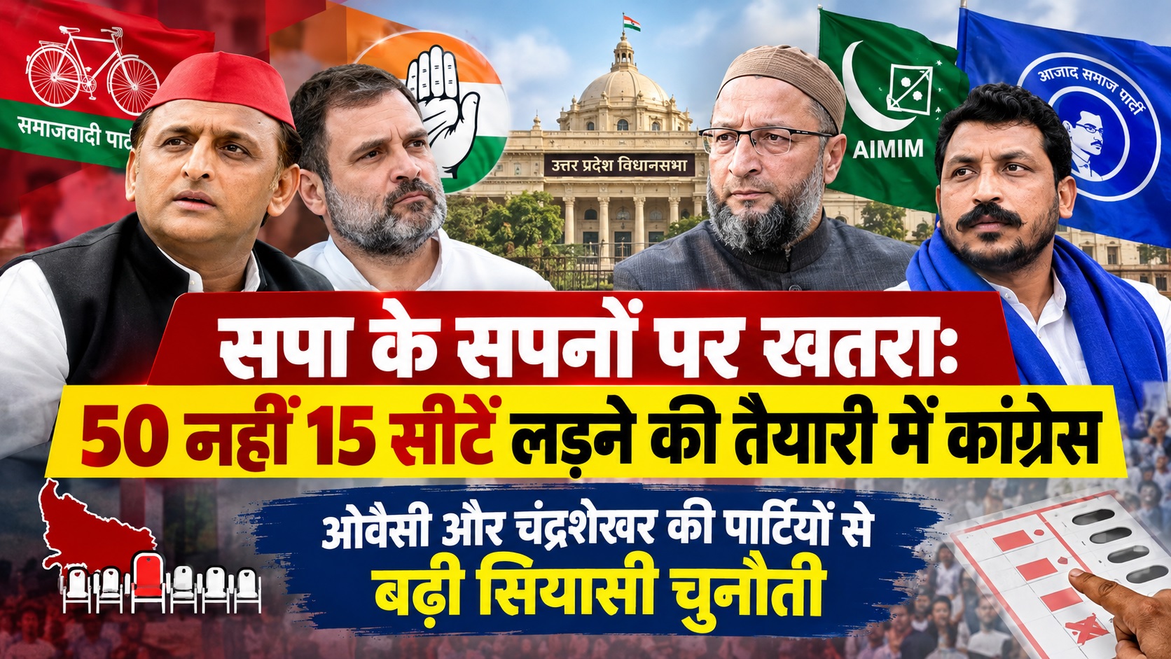Threat to SP's aspirations: Congress preparing to contest 15 seats instead of 50; Owaisi's and Chandrashekhar's parties causing anxiety for SP.