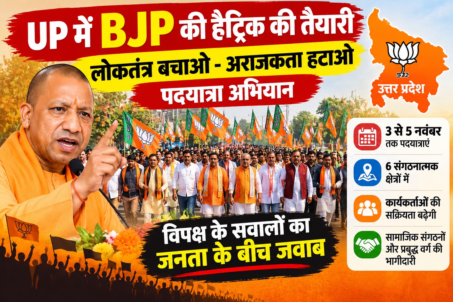 To corner the opposition, the BJP will conduct foot marches (padyatras) across six regions, as part of a campaign themed 'Save Democracy, End Anarchy'.