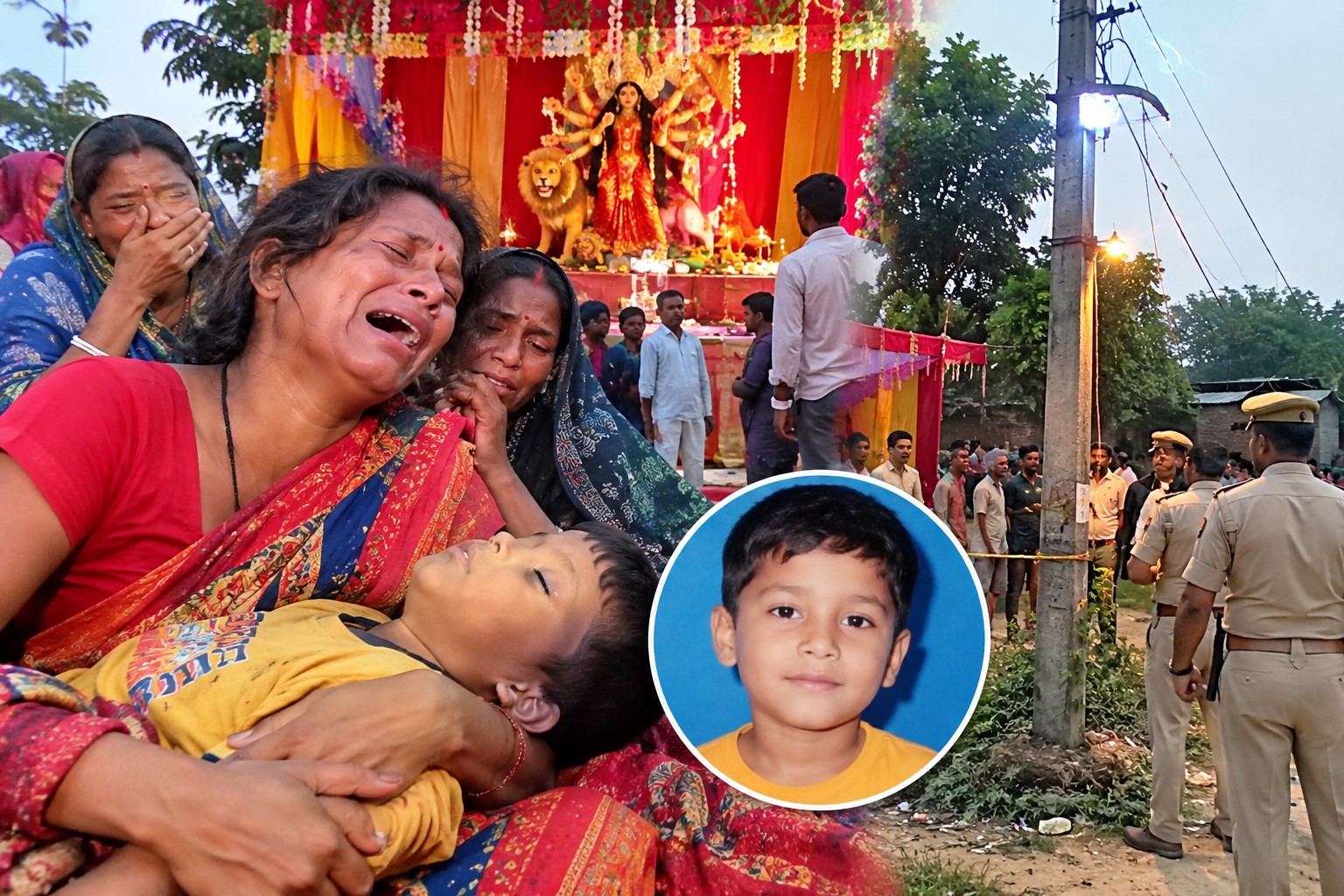 Only son dies of electrocution at the Mother Goddess's shrine; mother left devastated; silence descends on the village.