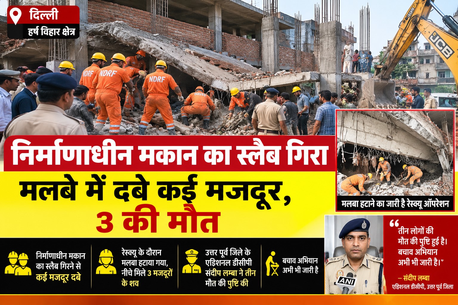 Under-construction house collapses in Delhi: Three bodies recovered from the debris; wailing erupts among family members upon seeing the bodies.