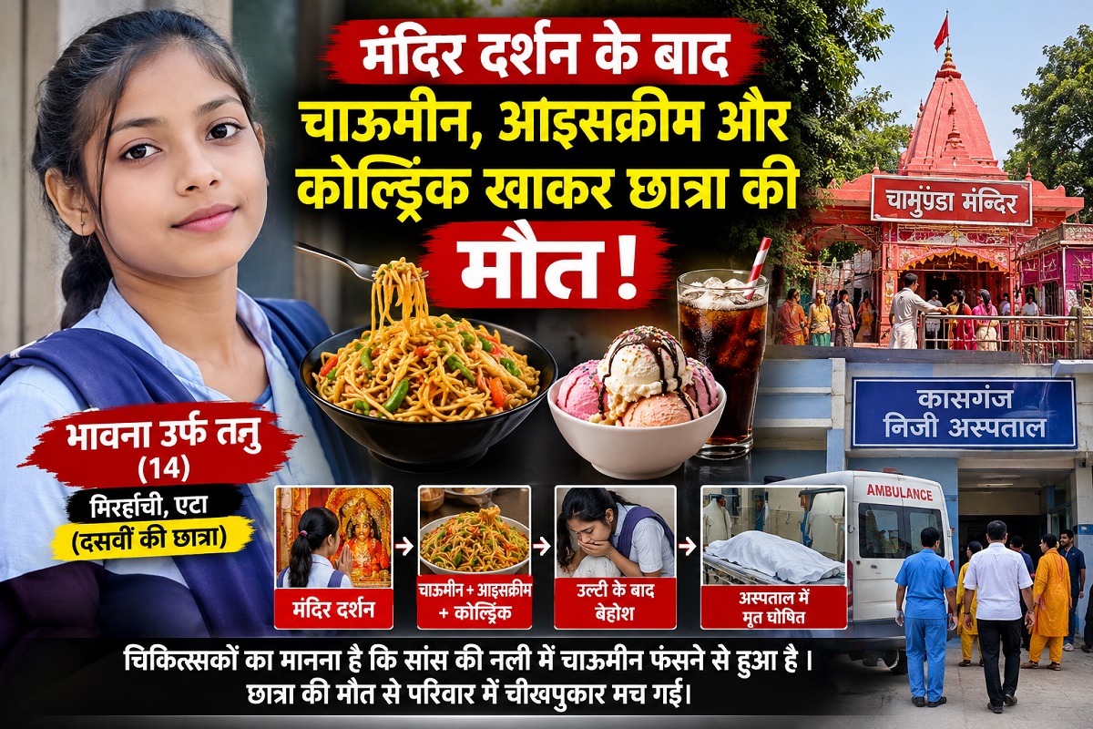 In Etah, a tenth-grade student broke her nine-day fast by consuming chowmein, ice cream, and a cold drink; she died after suffering in agony.