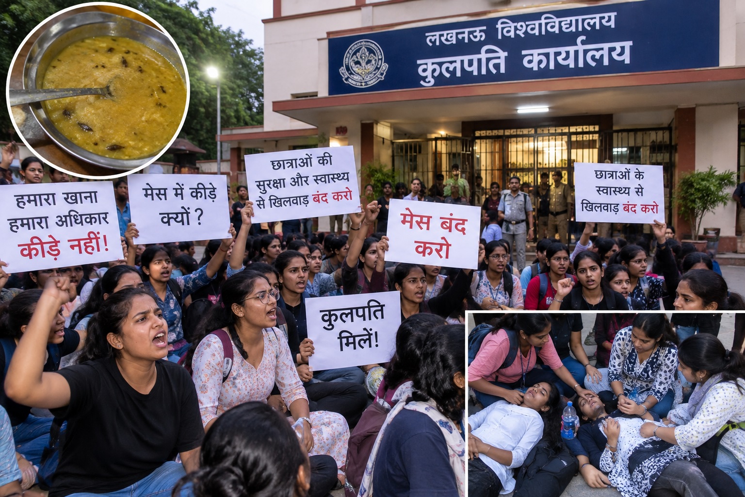 Outrage erupted over poor-quality food at the Lucknow University hostel mess; female students staged a sit-in and raised slogans until midnight.